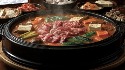 Delicious Japanese Sukiyaki Hot Pot with Beef, Tofu, Vegetables, and Mushrooms in a Traditional Asian Cuisine Setting with Steaming Aroma and Authentic Ingredients