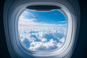 Views of fluffy clouds and a blue sky from an airplane window at cruising altitude on a sunny day
