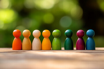 Colorful wooden figurines arranged in a row representing diversity, equality, and unity. The figures symbolize teamwork, inclusion, and harmony in both personal and professional environments.