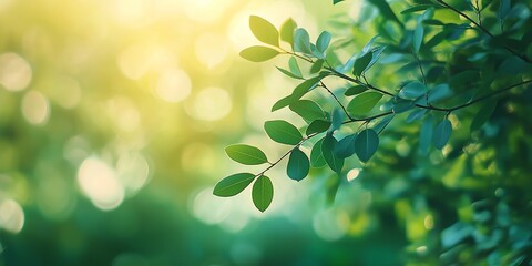 Sunlit leaves with soft-focus background create a serene nature scene, capturing the essence of tranquility and natural beauty.