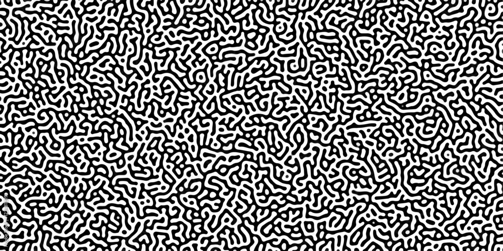 Poster Turing reaction diffusion monochrome seamless pattern with chaotic motion .Linear design with biological shapes. Organic lines in memphis. abstract turing organic wallpaper background .	