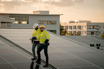 Obraz premium Service engineer checking solar cell on the roof for maintenance if there is a damaged part. Engineer worker install solar panel. Clean energy concept.