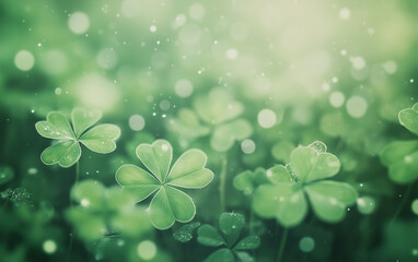 Glowing green shamrocks with soft bokeh background  
