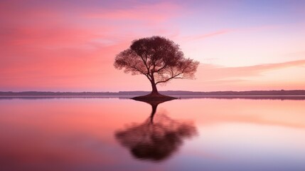 Serene Reflection of a Single Tree on a Quiet Lake During an Evening with Colorful Sunset Sky and Calm Water Surface