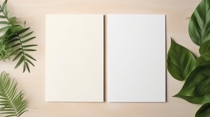 Flat Lay of Two Blank Papers Surrounded by Leaves on Wooden Table with Chaotic Arrangement Creating a Natural and Calm Aesthetic