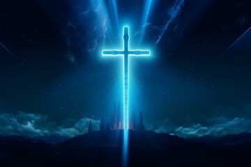 Naklejka premium Futuristic christian cross glowing above cityscape at night, creating a powerful religious scene