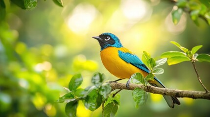 Obraz premium A Blue-winged Bird Perched on a Branch in a Lush Green Forest