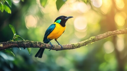 Fototapeta premium Vibrant Yellow and Blue Bird Perched on a Branch in a Lush Forest