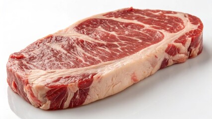 Fototapeta premium Fresh, marbled raw beef steak sits on a clean white background, showcasing its rich color and texture, ideal for innovative food printing applications