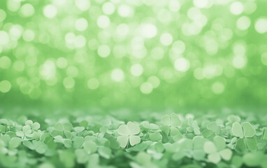 Fototapeta premium Glowing green shamrocks with soft bokeh background 
