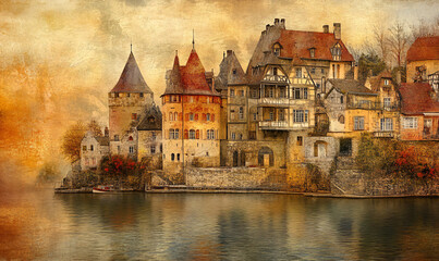 Obraz premium Magnificent Lakeside Fantasy Castle with a Medieval Feel.