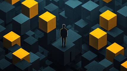 A silhouette stands atop a platform surrounded by vibrant cubes, creating a surreal, abstract environment that evokes contemplation and exploration.