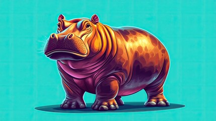 Fototapeta premium Colorful Hippopotamus Illustration, Teal Background, African Animal, Design Element