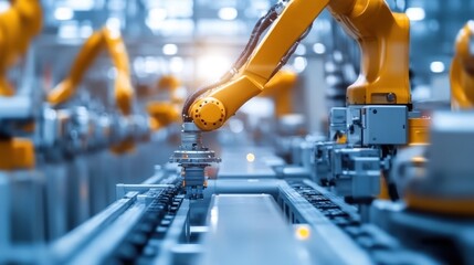 Naklejka premium Yellow Robotic Arm Operating on an Assembly Line