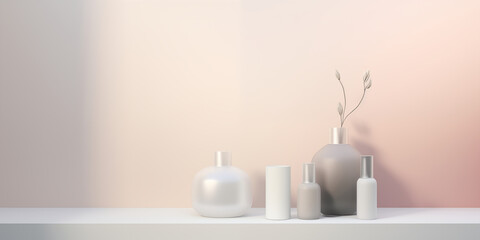 Minimalistic decor with ceramic vases on a white shelf against a soft pink background, embodying simplicity and elegance.