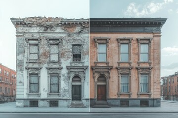 A split-screen view of a historic building before and after restoration, transitioning from a crumbling facade to a beautifully refurbished landmark, copy space background