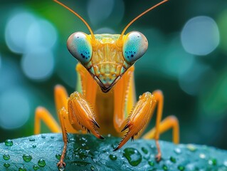Close-up of an Orange Praying Mantis on a Leaf with Water Droplets