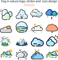 Fog in nature logo, sticker and  icon design. fog-themed icons arranged in a 4x4 grid with nature elements. soft-colored weather and nature icons in a clean, cartoon style. collection of stylized weat