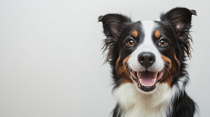 A happy dog with a black, white, and brown coat, smiling at the camera against a neutral background.