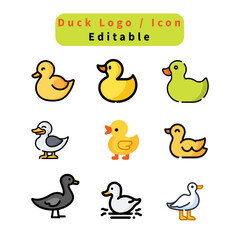 Duck logo and Duck Icon. playful grid of nine colorful duck icons on a white background. cartoon-style duck illustrations with diverse designs and colors. collection of stylized duck icons featuring 