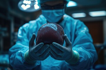 A transplant surgeon carefully holding a liver in a sterile operating room, showcasing the intricacies of the life-saving procedure, copy space background