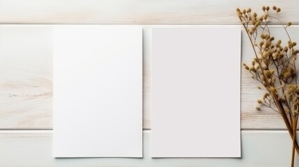 Two Blank Papers Mockup Easily Customizable for Presentations, Flyers, and Creative Designs Surrounded by Natural Elements on a Flat Surface