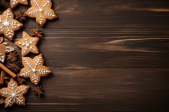 Christmas gingerbread cookies with snowflake icing and aromatic spices form a delightful border on a rustic wooden background, evoking warmth and holiday spirit