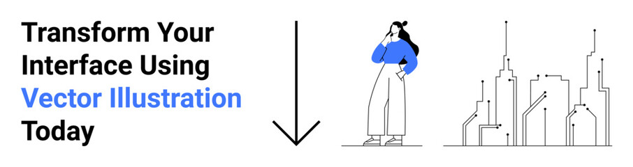 Woman standing with hand on chin beside minimal urban skyline and arrow pointing downward. Ideal for business, creativity, innovation, digital apps, urban life, marketing, flat landing page banner