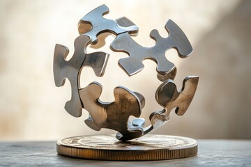 Metal puzzle pieces forming sphere on gold coin base