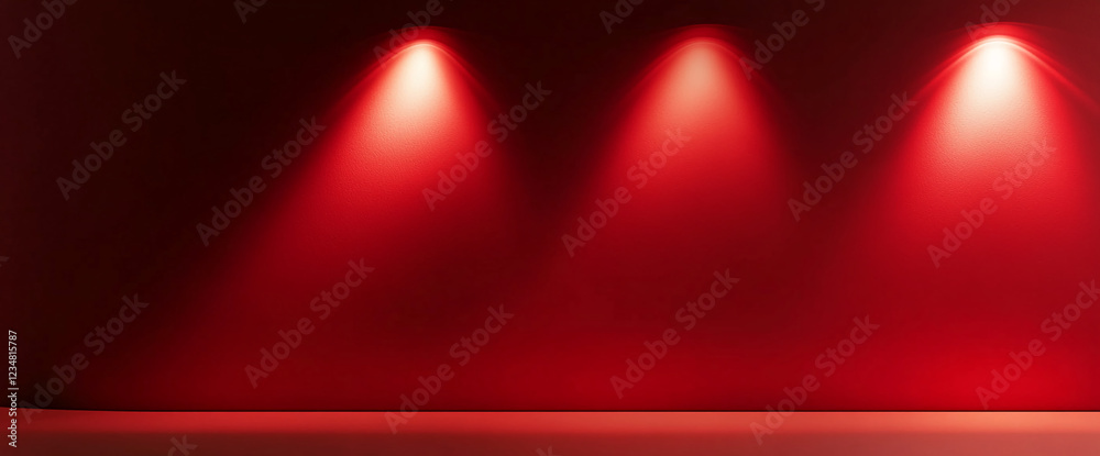 Poster Red wall with three spotlights illuminating a clean surface, creating a modern display area or mockup background, perfect for showcasing objects or designs, Top View