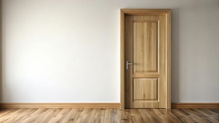 A minimalist interior design featuring a closed wooden door with a silver handle, set against a white wall and wood flooring.
