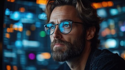 Man with glasses looking at a blurred computer screen with bokeh lights in the background