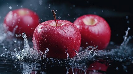 Juicy red apples with water droplets on a black background. Macro photography captures the natural texture of the fruit, creating a sense of freshness and authenticity