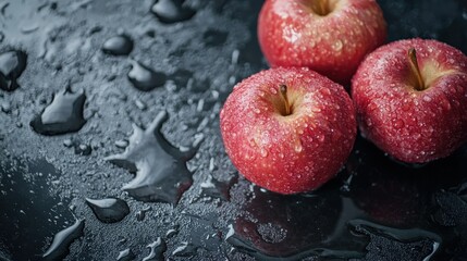 Red apples with moisture droplets on a dark background, macro shot. Сopy space