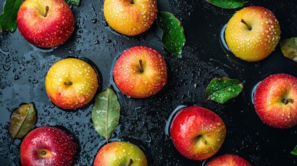Fresh apples with leaves and moisture droplets, wet texture, natural fruit