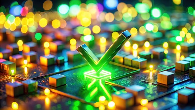 Realistic 3D-rendered neon checkmark, miniature scene style, showcasing a vibrant glow and tilt-shift effect.