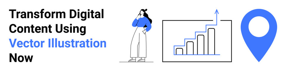 Woman standing thoughtfully near rising bar chart and location pin. Ideal for business growth, marketing strategy, data analytics, location-based services, digital solutions, education, flat landing