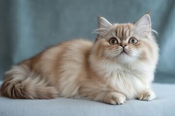 Fototapeta premium Beautiful fluffy cat resembling a Persian resting calmly on a soft surface in a cozy indoor environment during daylight