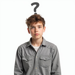 Un adolescente que tiene muchas preguntas.Un ni&ntilde;o con un signo de interrogaci&oacute;n.