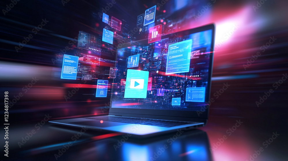 Poster digital laptop screen streaming data fast speed technology network web code play neon cyber video