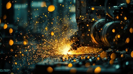 Industrial robotic arm welding metal with sparks in factory