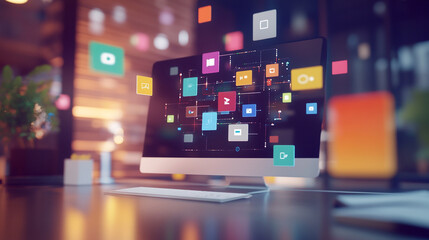 Fototapeta premium Modern Digital Workspace Technology Icons Network Applications Computer Screen Data Design Online 