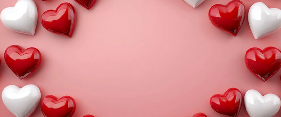 Glossy red and white hearts scattered around a soft pink background, symbolizing love and affection, ideal for Valentine's Day and romantic themes