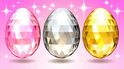 Colorful Gemstone Eggs on Sparkling Pink Background for Spring