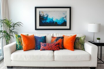 A clean black frame hanging in a modern living room, white couch and vibrant pillows below it.