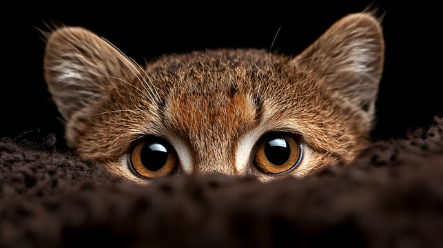 Rusty-spotted cat peeking from blanket, dark background