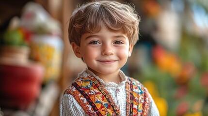 vibrant boy in traditional Bulgaria costume representing authentic folk heritage and cultural celebration with ethnic national traditions