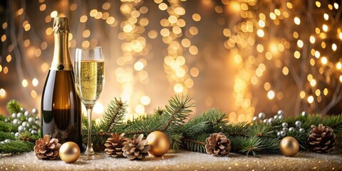 A Festive Arrangement with a Bottle of Champagne and a Glass Surrounded by Pine Branches, Pinecones, and Golden Ornaments against a Sparkling Bokeh Background