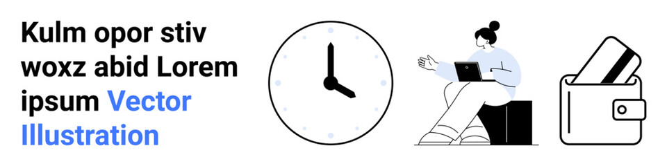 Worker on laptop next to clock, wallet with credit cards, emphasizing time management, productivity, finance, and tech. Ideal for business, finance, e-commerce work-life balance productivity time