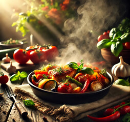 Rustic Home-Cooked Meal with Warm Steam